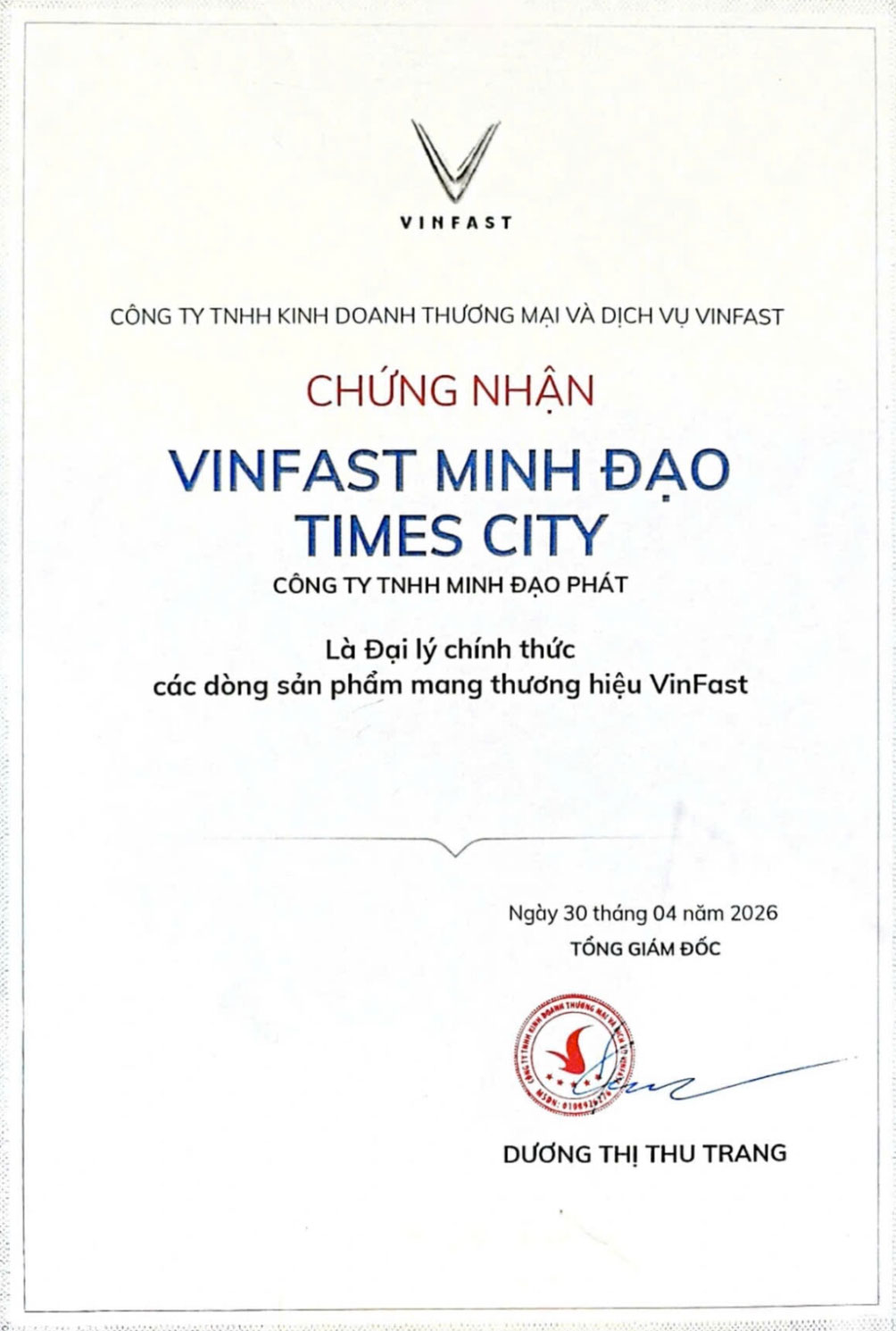 Chứng nhận đại lý ủy quyền - VinFast Minh Đạo Times City